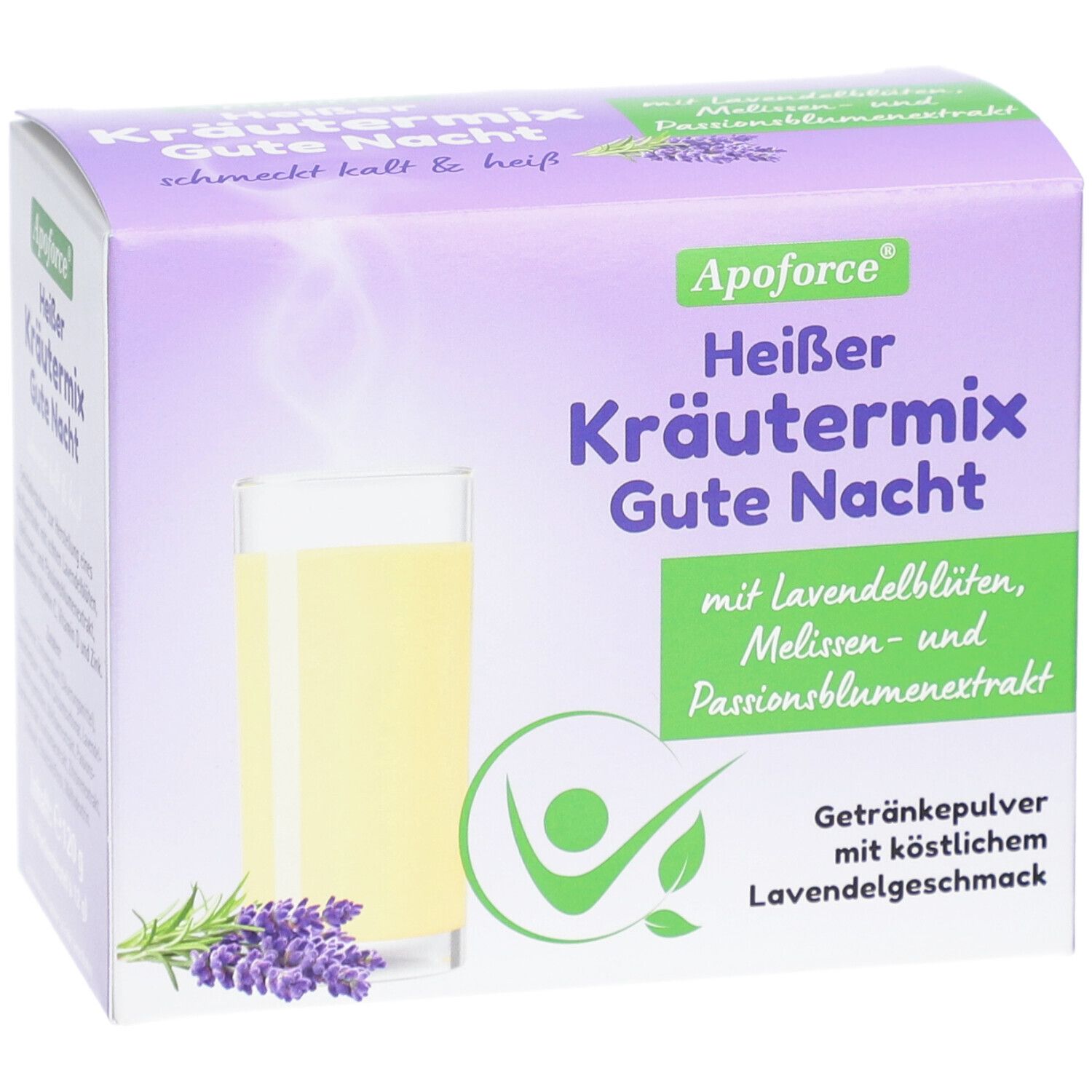 Verpackung von Apoforce Heißer Kräutermix Gute Nacht. Abbildung eines Getränks mit Lavendelblüten. Text: Kräutermix, Lavendelgeschmack.