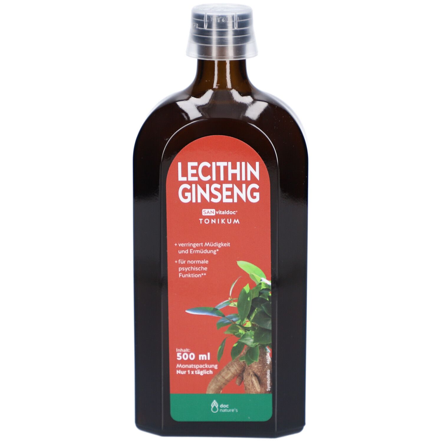 Braune Flasche mit rotem Etikett. Aufschrift: Lecithin Ginseng Tonikum. Pflanzliche Abbildung.