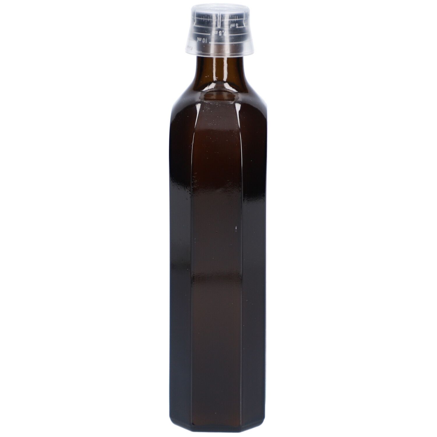 Braune, achteckige Flasche mit transparentem Verschluss.