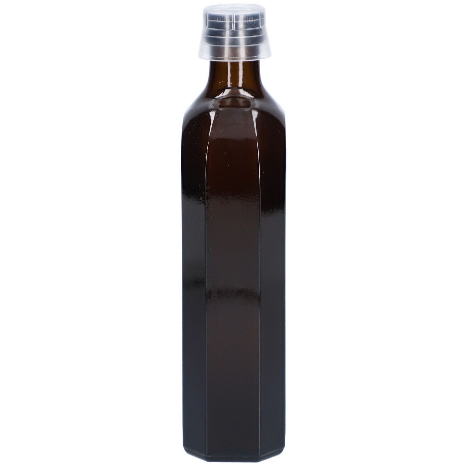 Braune, achteckige Flasche mit transparentem Verschluss.