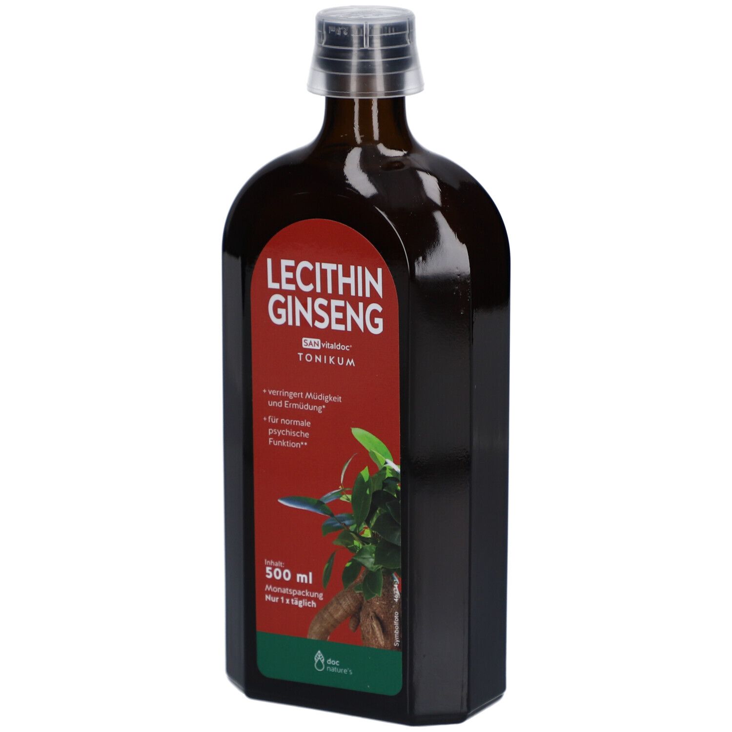 Braune Flasche mit rotem Etikett. Aufschrift: Lecithin Ginseng Tonikum. Pflanzliche Abbildung.