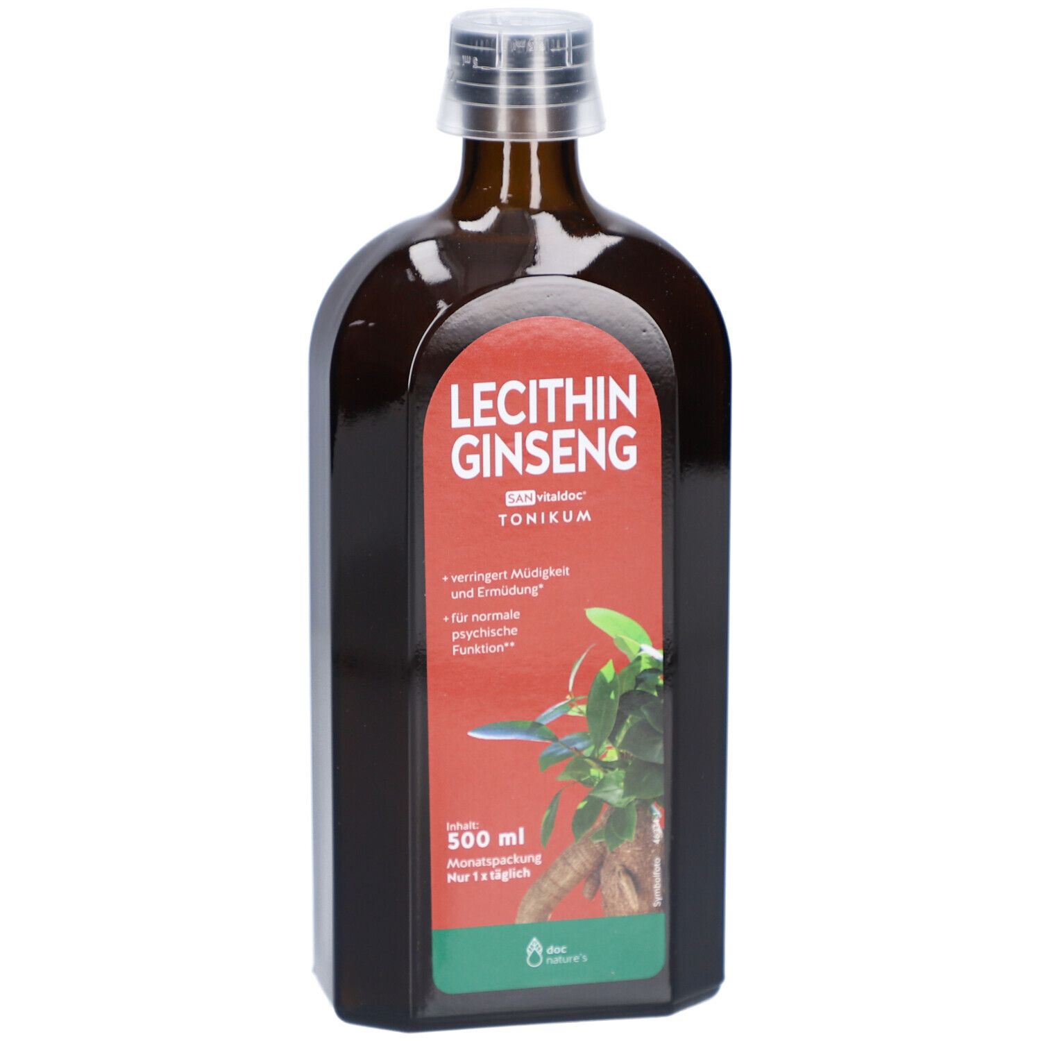 Braune Flasche mit rotem Etikett. Aufschrift: Lecithin Ginseng Tonikum. Pflanzliche Abbildung.
