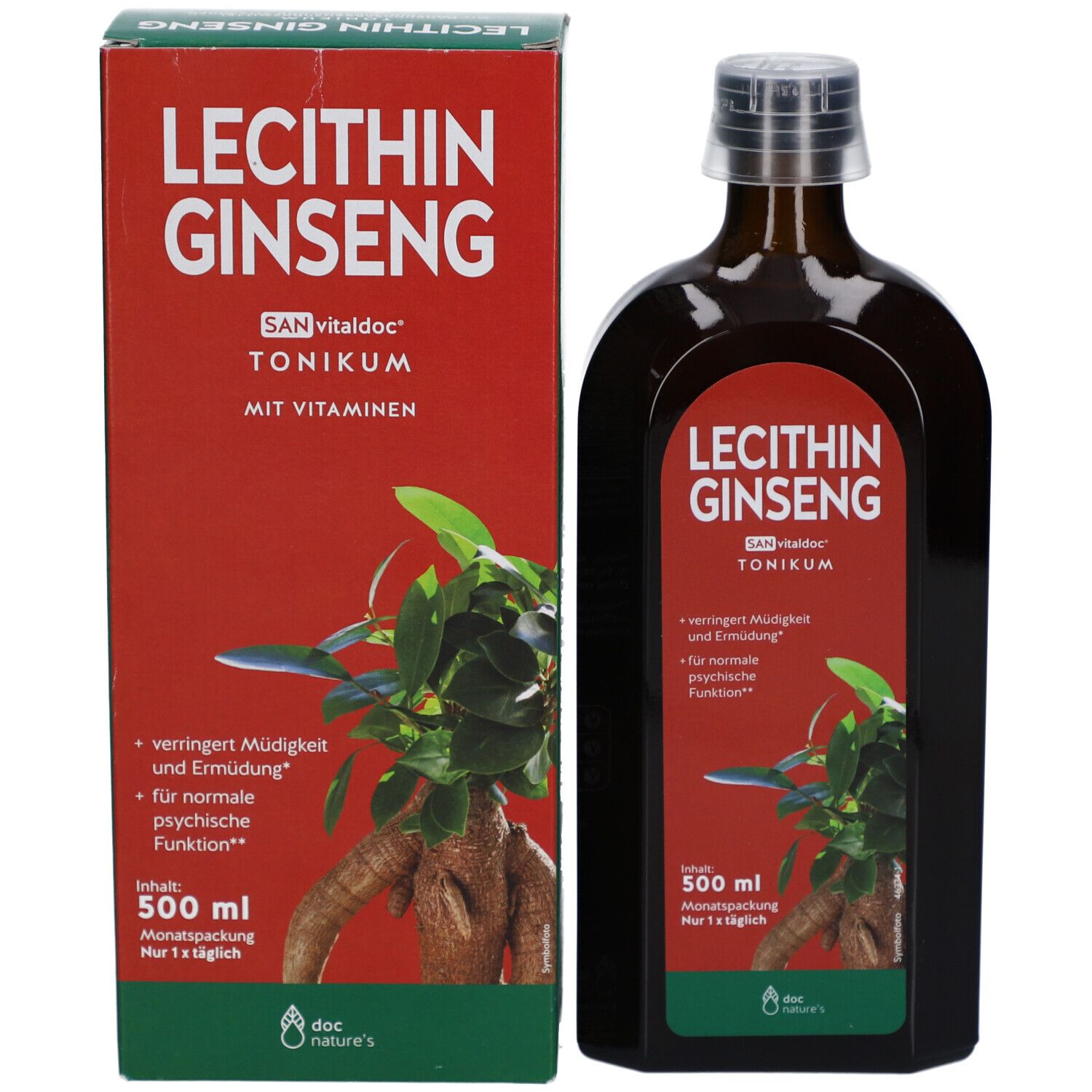 Produktverpackung und Flasche. Aufschrift: Lecithin Ginseng Tonikum. Rotes Etikett. Pflanzliche Abbildung.
