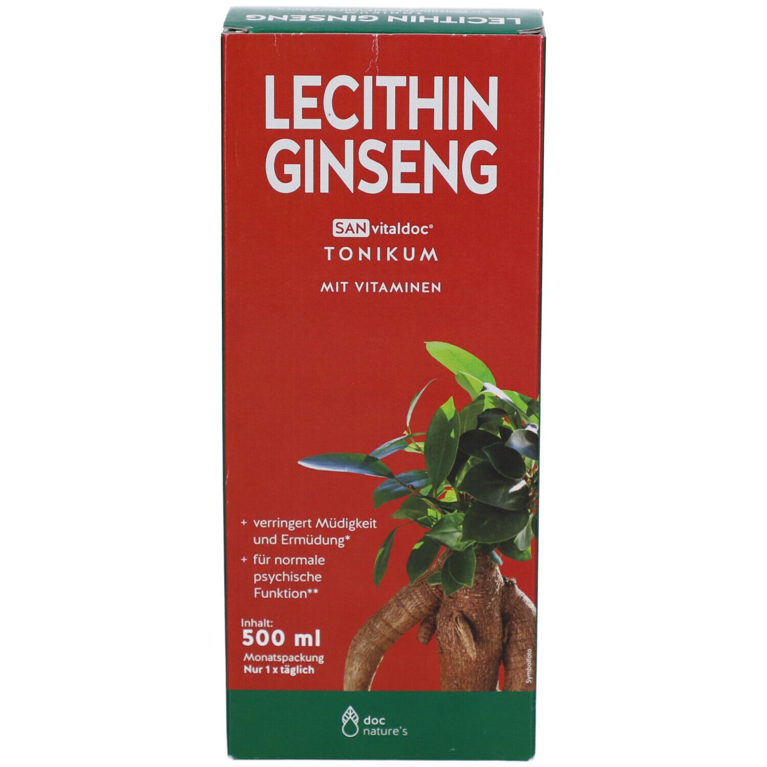 Produktverpackung. Aufschrift: Lecithin Ginseng Tonikum. Rotes Etikett. Pflanzliche Abbildung.