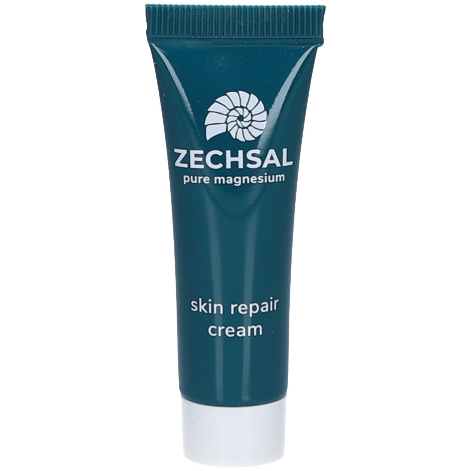Kleine, dunkelgrüne Tube mit weißem Verschluss. Aufschrift: ZECHSAL, pure magnesium, skin repair cream. Logo: Schneckenhaus.