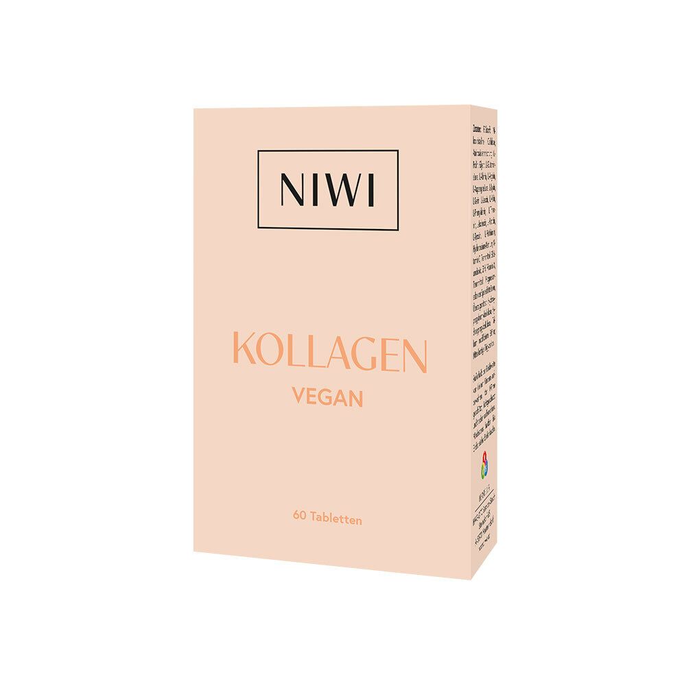 Boîte de NIWI Kollagen vegan Tabletten. Carton rose avec nom et logo du produit. Contient 60 comprimés.