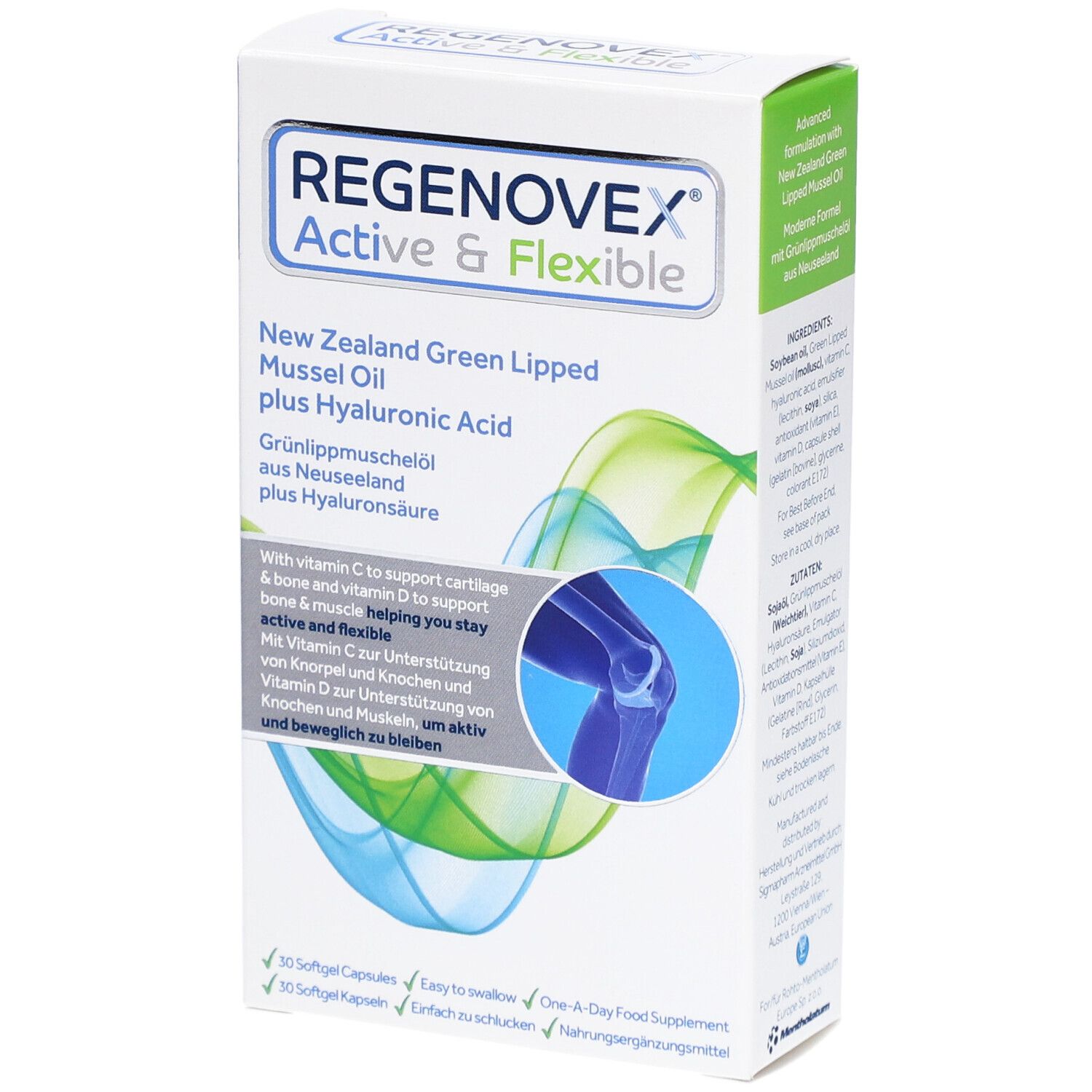 Schachtel mit "Regenovex Active & Flexible". Enthält Grünlippmuschelöl und Hyaluronsäure. Abbildung eines Knies.