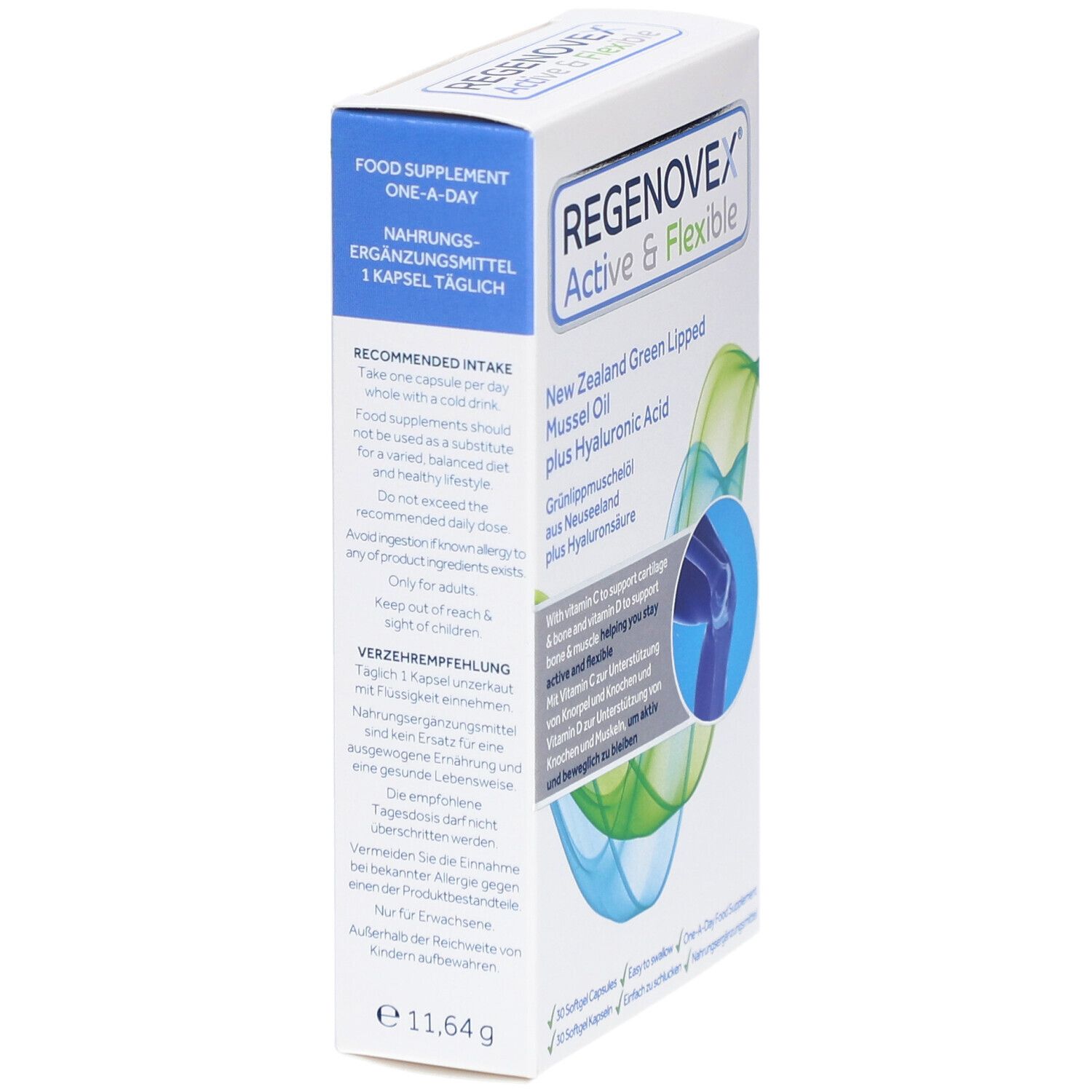 Schachtel "Regenovex Active & Flexible". Enthält Grünlippmuschelöl und Hyaluronsäure. Text über Dosierung und Inhaltsstoffe.