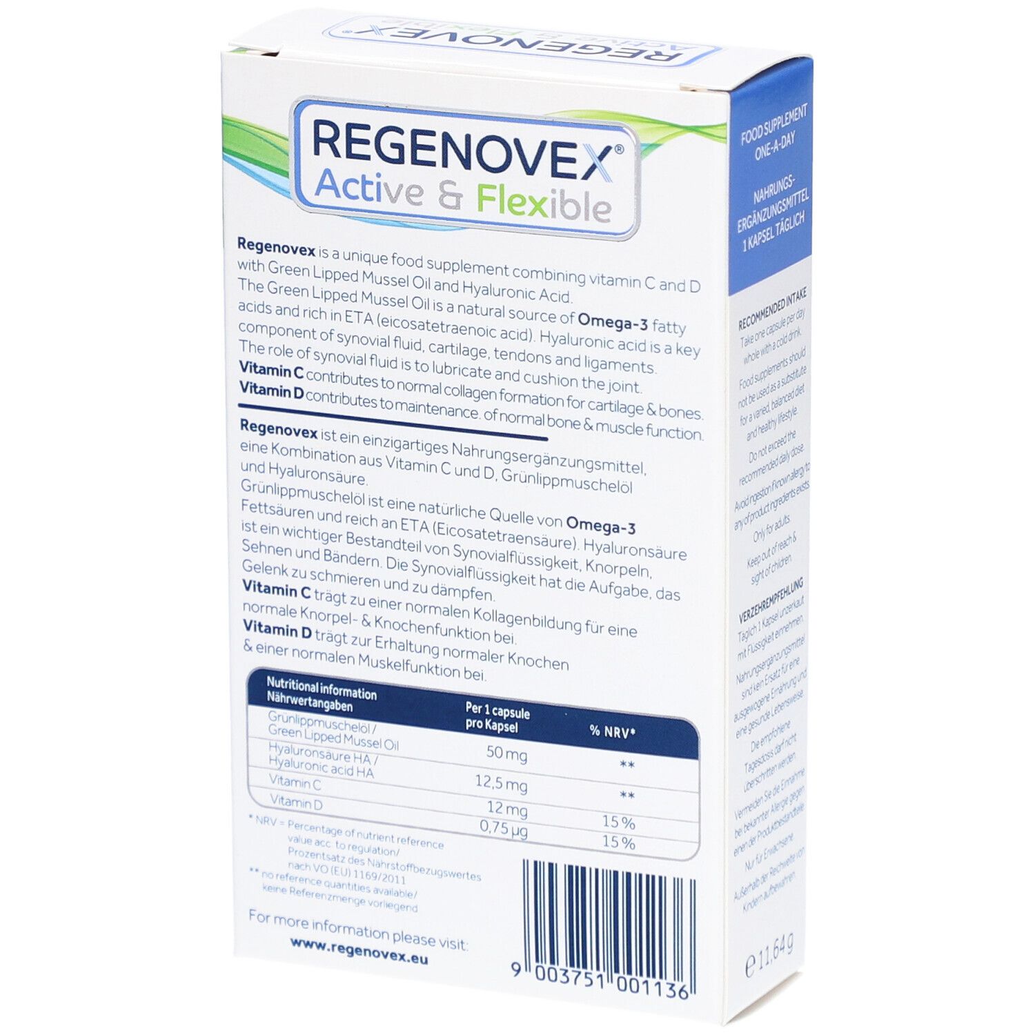 Rückseite der Schachtel "Regenovex Active & Flexible". Enthält Grünlippmuschelöl und Hyaluronsäure. Nährwertangaben.