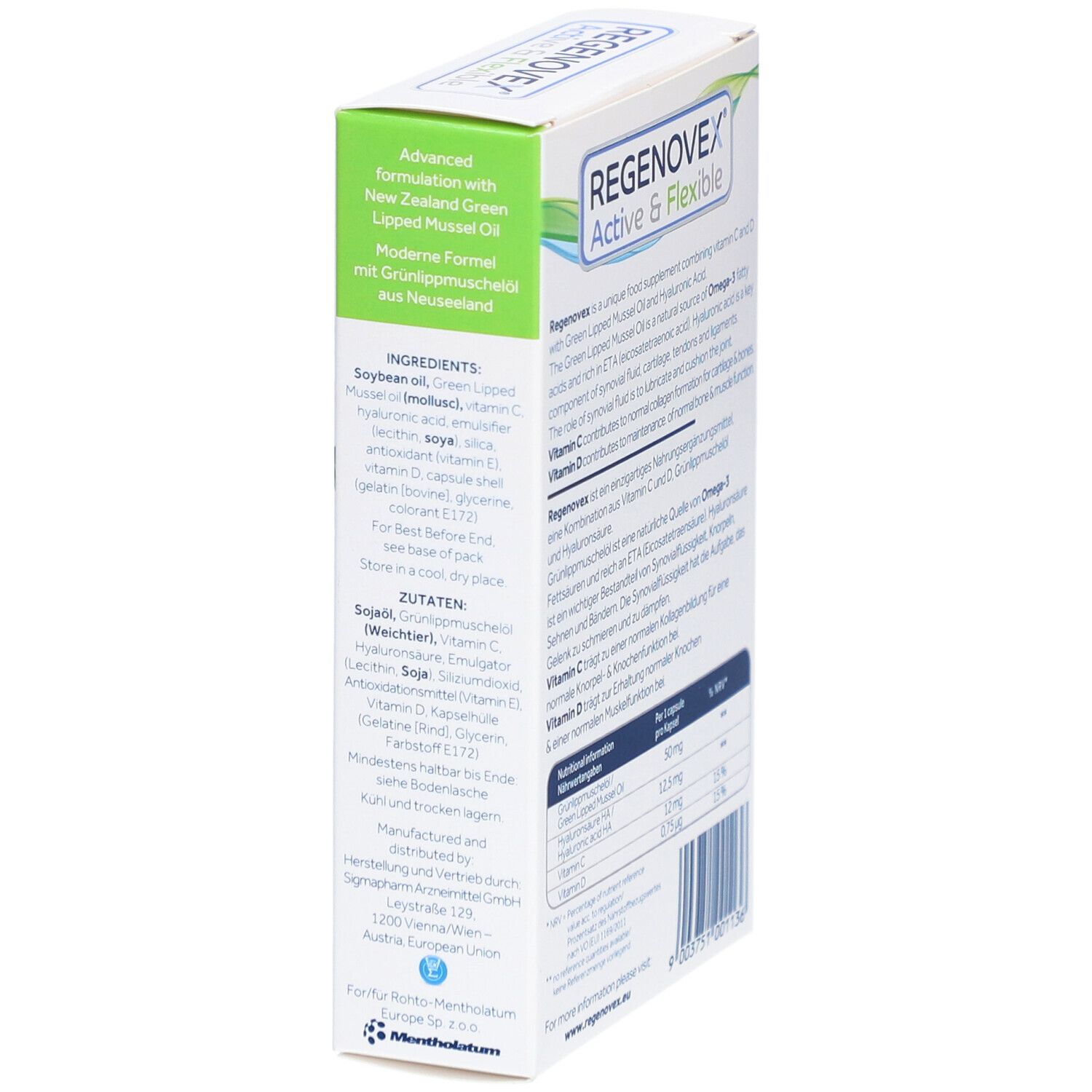 Seite der Schachtel "Regenovex Active & Flexible". Enthält Grünlippmuschelöl und Hyaluronsäure. Zutatenliste und Hersteller.