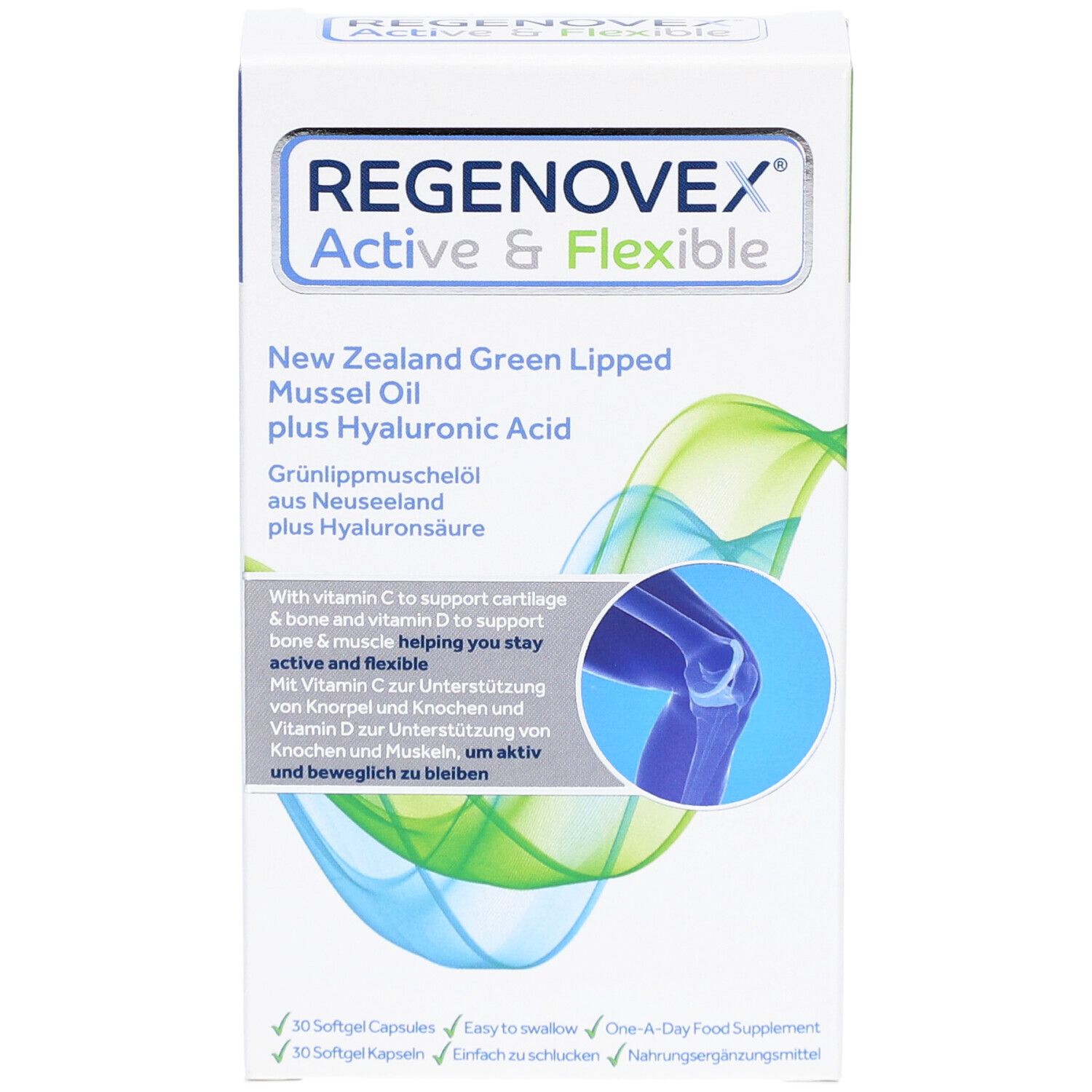 Schachtel "Regenovex Active & Flexible". Enthält Grünlippmuschelöl und Hyaluronsäure. Abbildung eines Knies.