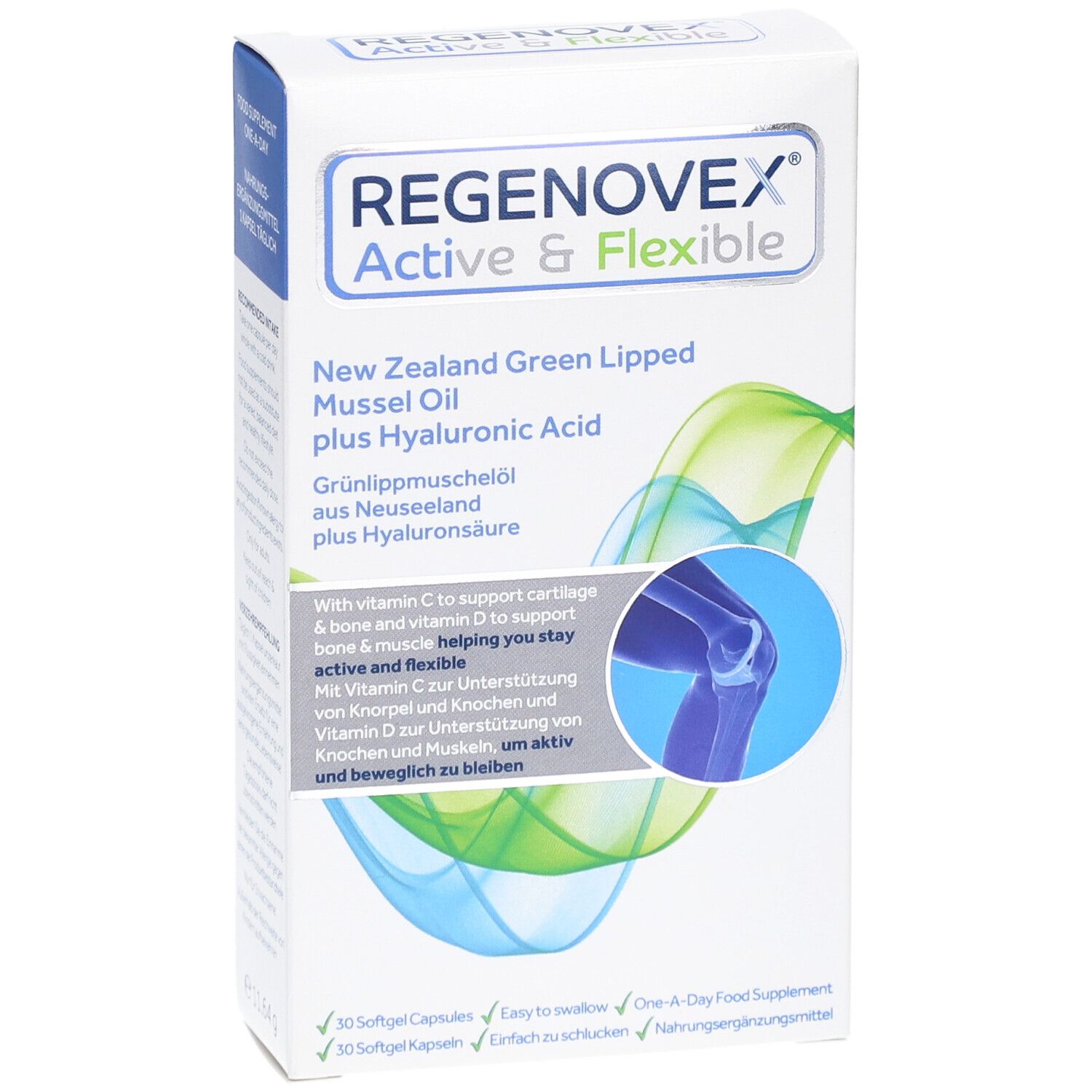 Schachtel "Regenovex Active & Flexible". Enthält Grünlippmuschelöl und Hyaluronsäure. Abbildung eines Knies.
