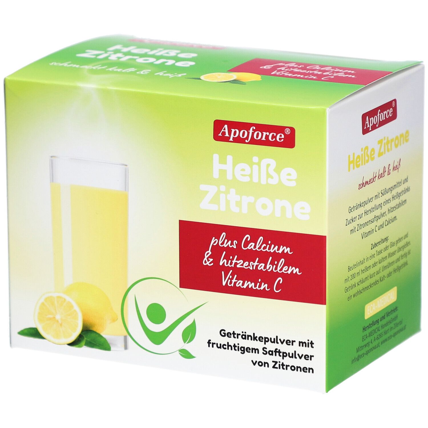 Apoforce Heisse Zitrone Packung. Enthält Calcium, hitzestabiles Vitamin C. Abbildung: Glas mit Getränk, Zitronen.