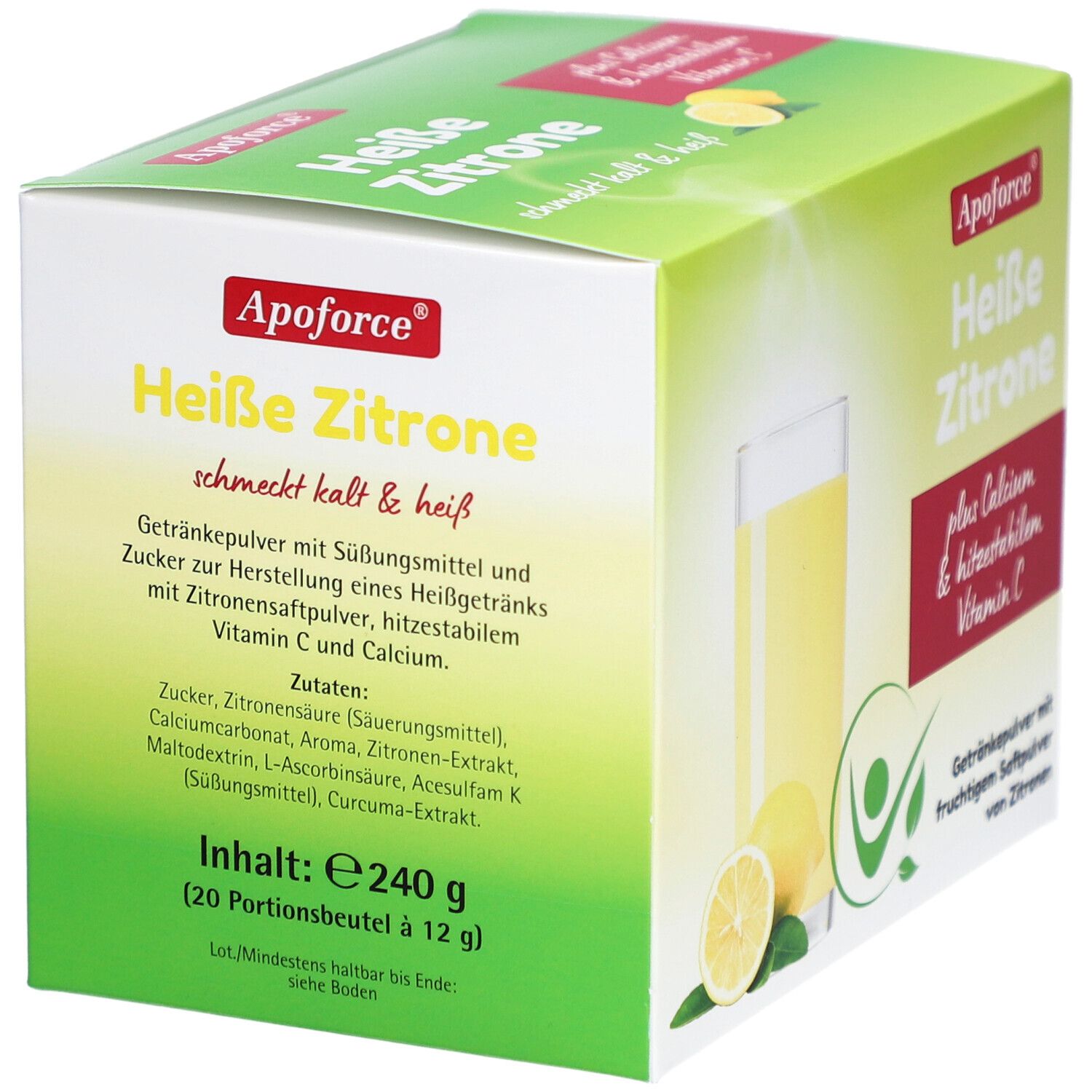 Apoforce Heisse Zitrone Packung. Enthält 20 Portionen. Zutatenliste, Nährwertangaben. Abbildung: Glas mit Getränk, Zitrone.
