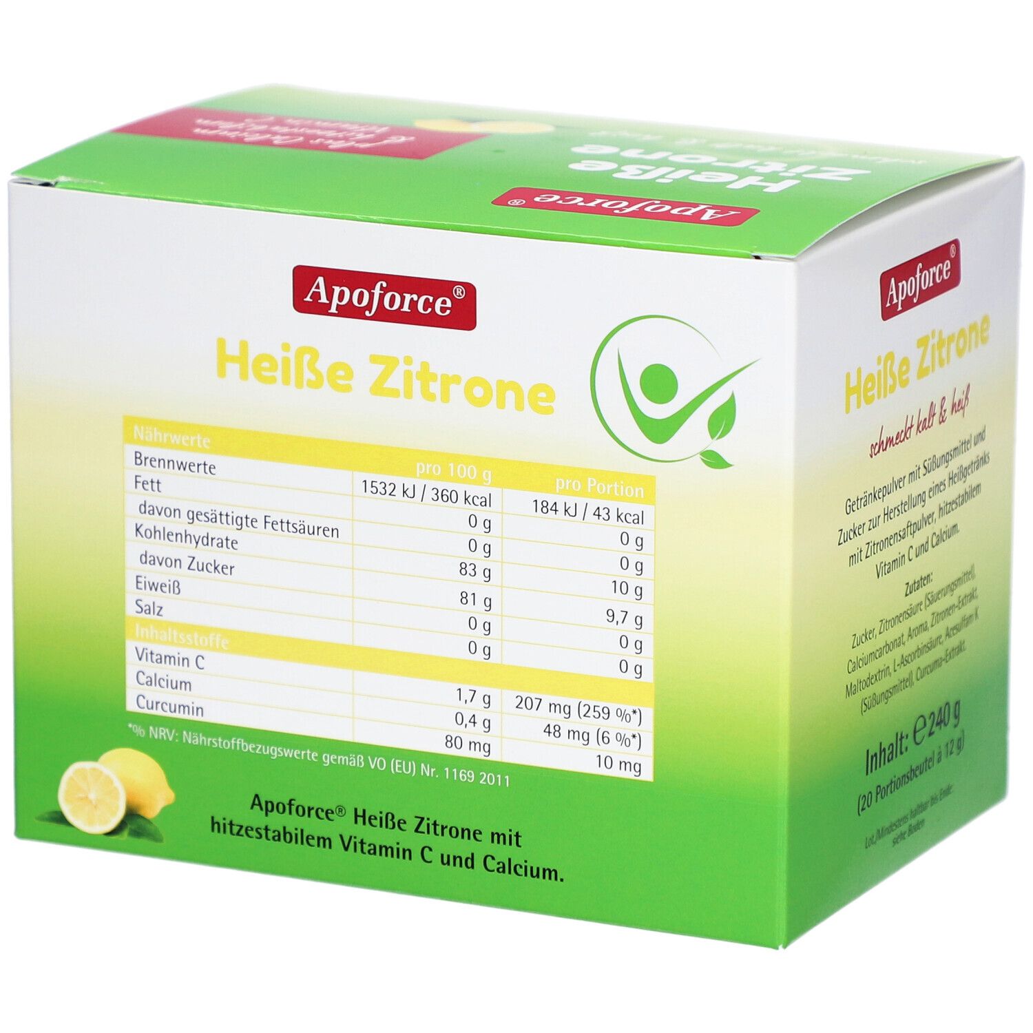 Apoforce Heisse Zitrone Packung. Nährwerttabelle. Enthält Vitamin C, Calcium. Abbildung: Glas mit Getränk, Zitrone.