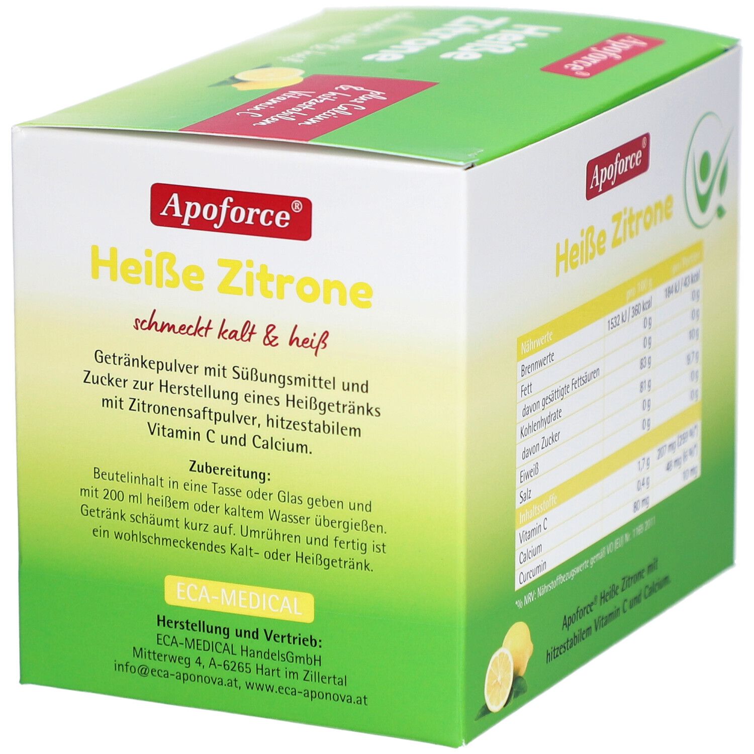 Apoforce Heisse Zitrone Packung. Zubereitungshinweise. Enthält Vitamin C, Calcium. Abbildung: Glas mit Getränk, Zitrone.