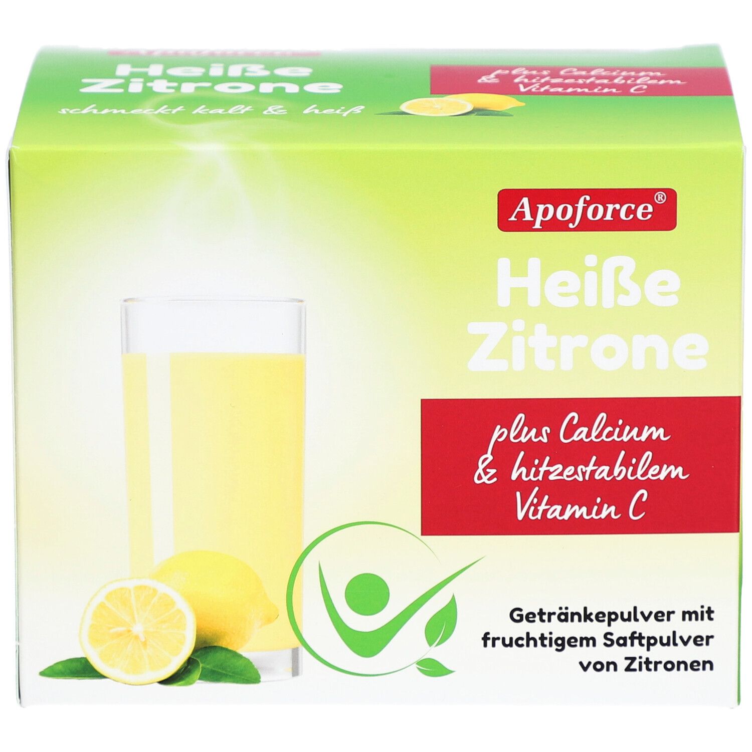 Apoforce Heisse Zitrone Packung. Enthält Calcium, hitzestabiles Vitamin C. Abbildung: Glas mit Getränk, Zitronen.
