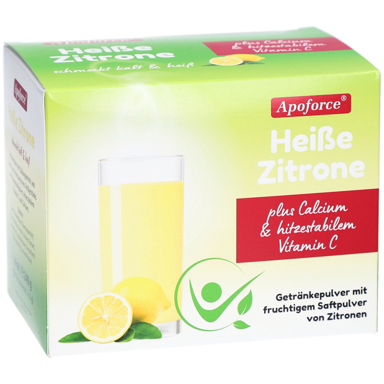 Apoforce Heisse Zitrone Packung. Enthält Calcium, hitzestabiles Vitamin C. Abbildung: Glas mit Getränk, Zitronen.