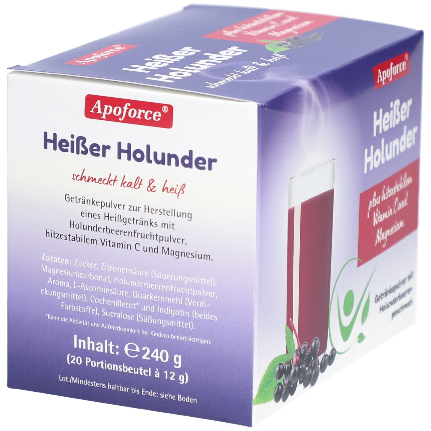 Apoforce Heißer Holunder-Box. Enthält Getränkepulver mit Holunderbeerengeschmack, Vitamin C und Magnesium. Zutatenliste und Nährwertangaben.