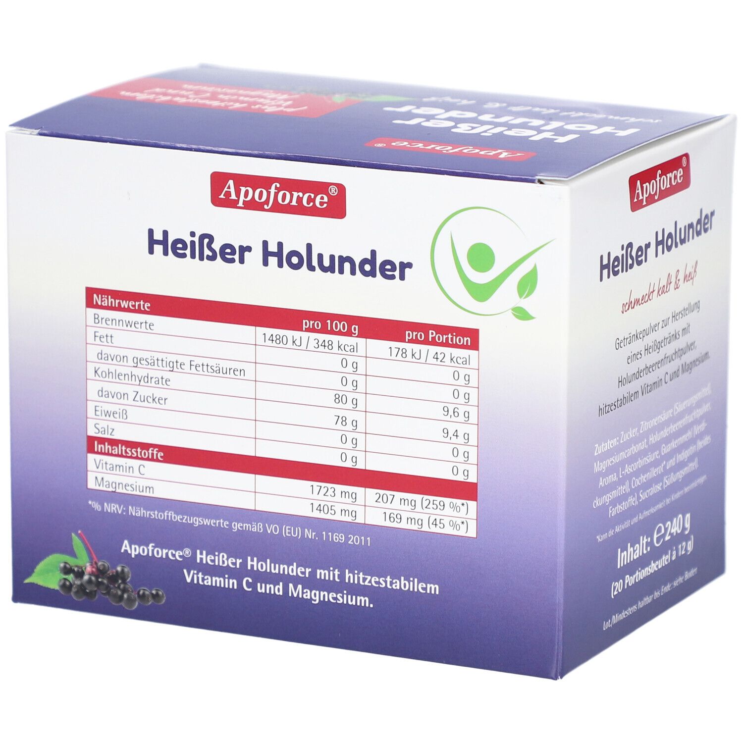 Apoforce Heißer Holunder-Box. Enthält Getränkepulver mit Holunderbeerengeschmack, Vitamin C und Magnesium. Nährwerttabelle.