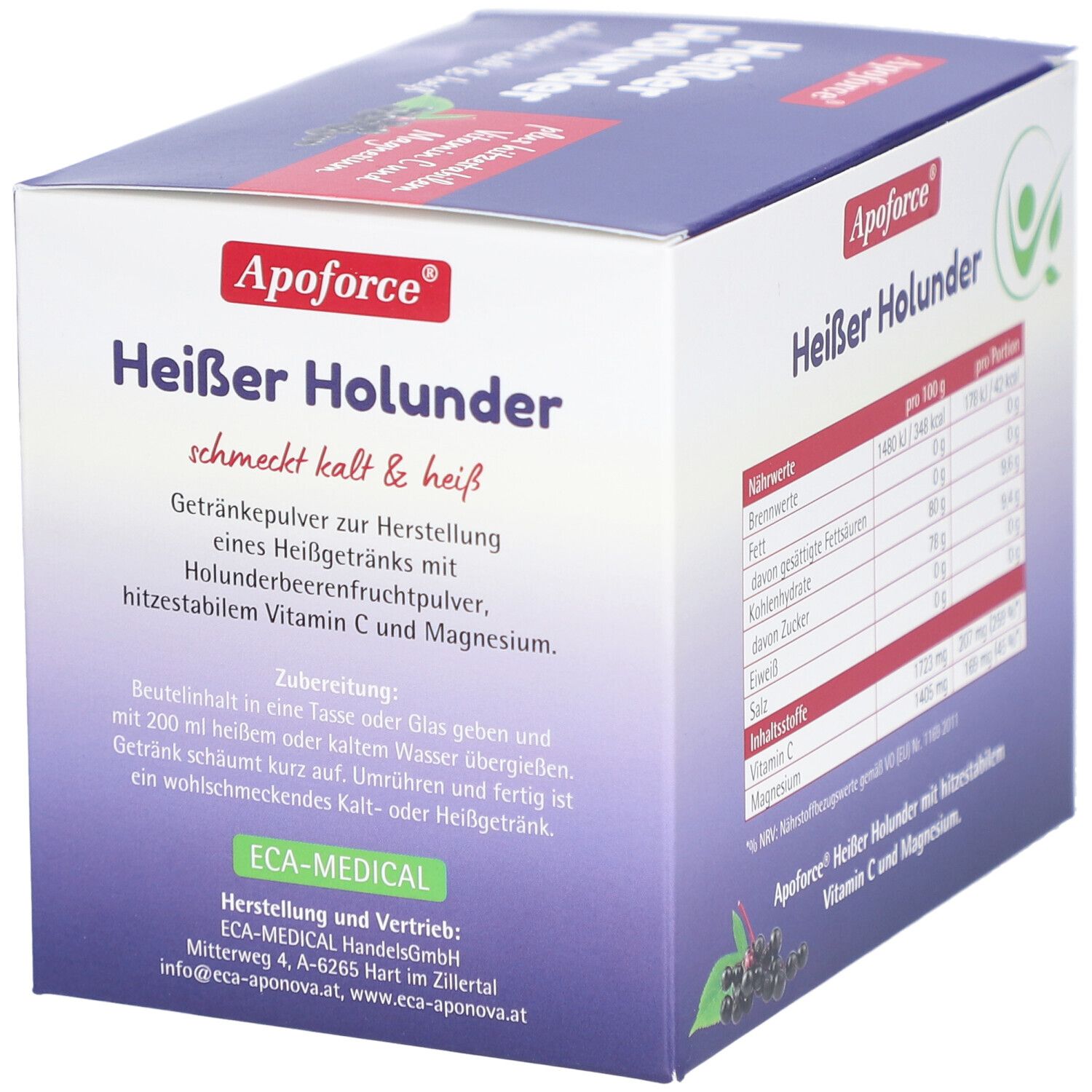 Apoforce Heißer Holunder-Box. Enthält Getränkepulver mit Holunderbeerengeschmack, Vitamin C und Magnesium. Zubereitungshinweise.