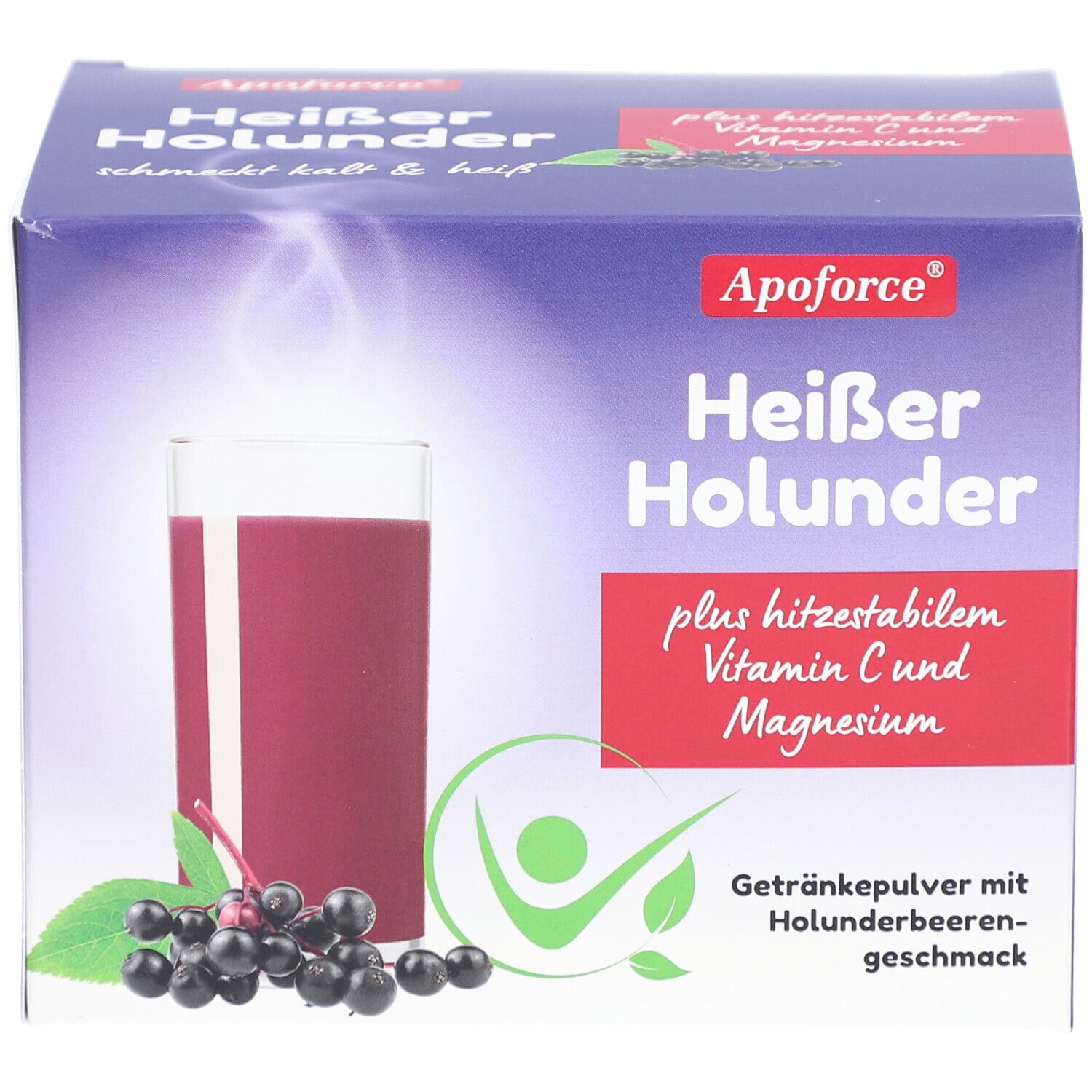Apoforce Heißer Holunder-Box. Enthält Getränkepulver mit Holunderbeerengeschmack, Vitamin C und Magnesium. Abbildung eines Getränks.
