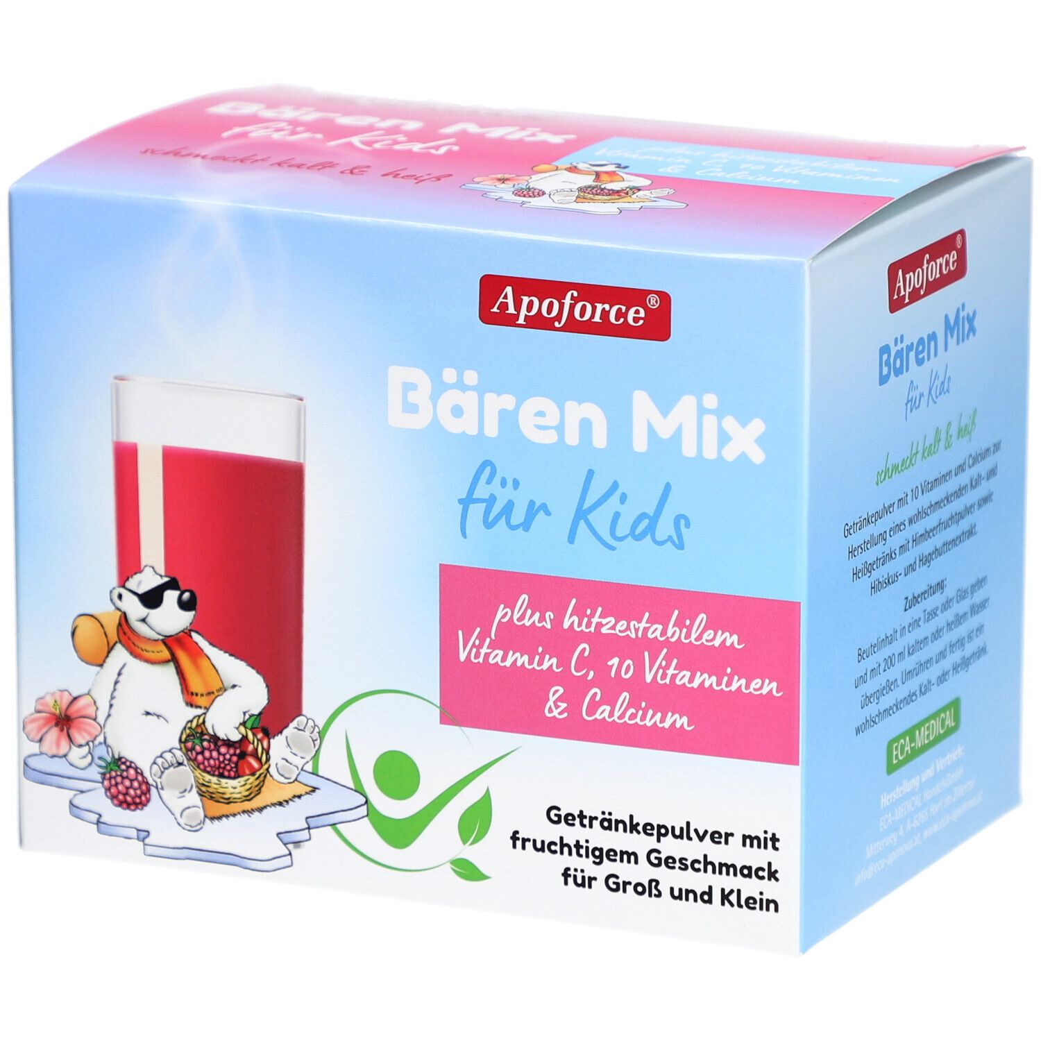 Blau-weiße Produktverpackung. Aufdruck: Apoforce Bären Mix für Kids. Abbildung: Glas mit rotem Getränk, Eisbär, Früchte.