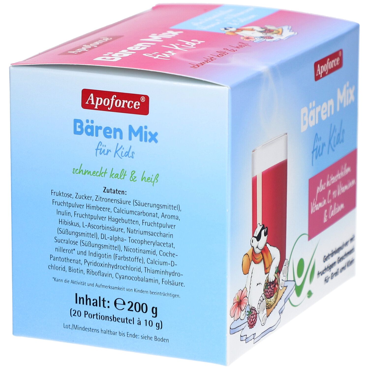 Produktverpackung mit Zutatenliste. Aufdruck: Apoforce Bären Mix für Kids. Inhalt: 200g (20 Portionen).
