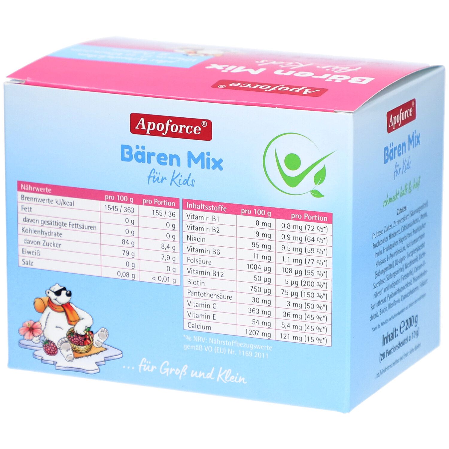 Produktverpackung mit Nährwerttabelle. Aufdruck: Apoforce Bären Mix für Kids. Angaben pro 100g und pro Portion.