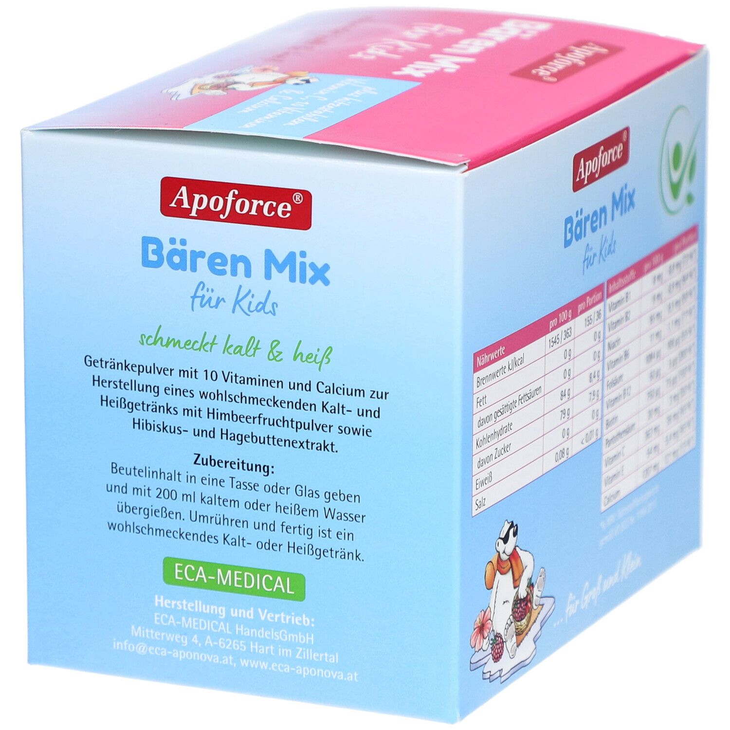 Produktverpackung mit Zubereitungshinweis. Aufdruck: Apoforce Bären Mix für Kids. Text: Getränkepulver für kalt und heiß.