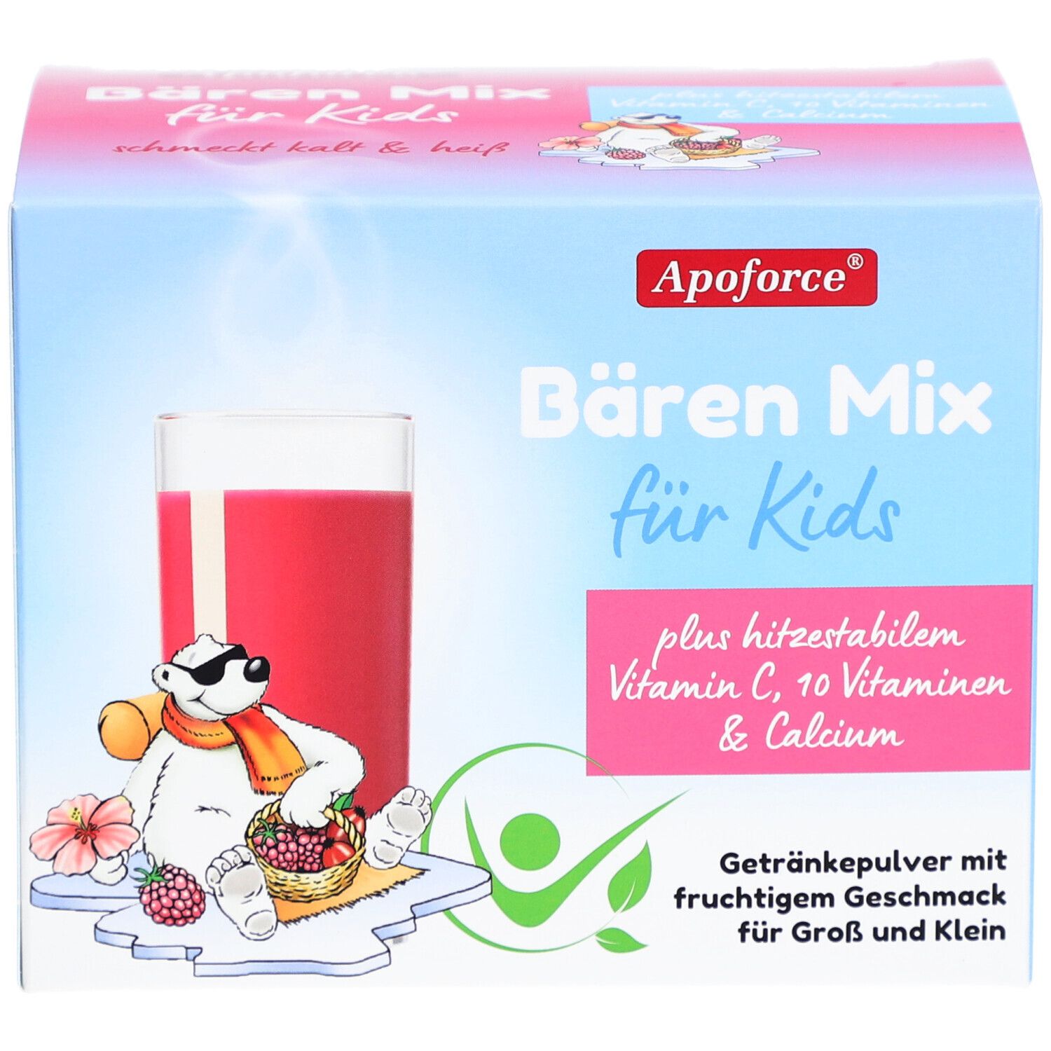 Produktverpackung. Aufdruck: Apoforce Bären Mix für Kids. Enthält Vitamin C, 10 Vitamine & Calcium. Abbildung: Glas mit rotem Getränk.