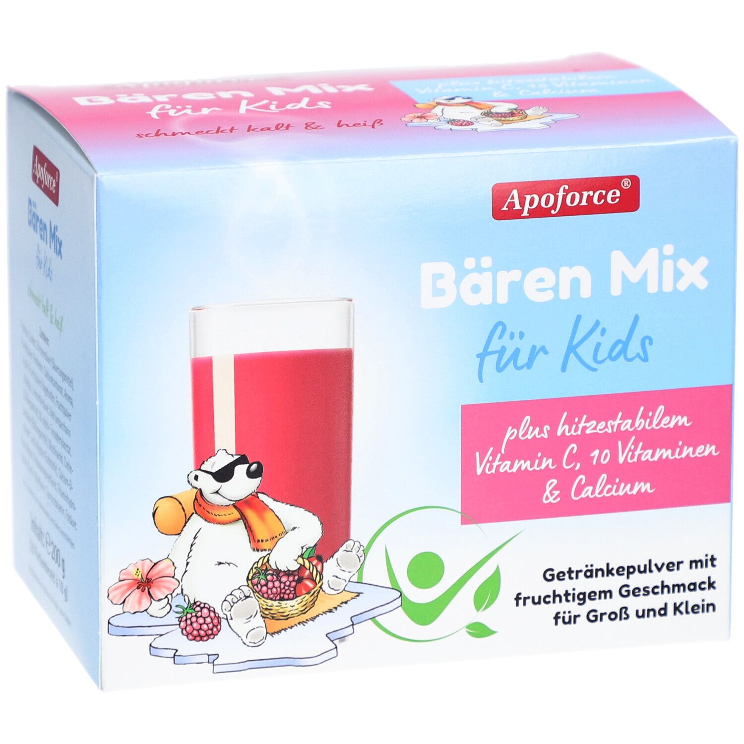 Produktverpackung. Aufdruck: Apoforce Bären Mix für Kids. Enthält Vitamin C, 10 Vitamine & Calcium. Abbildung: Glas mit rotem Getränk.
