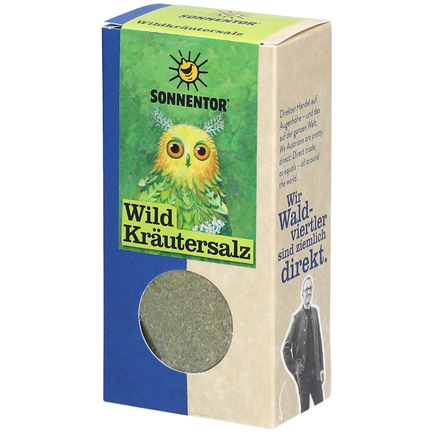 Karton mit Wildkräutersalz. Sichtfenster zeigt Kräutermischung. Logo: SONNENTOR. Text: Wild Kräutersalz.