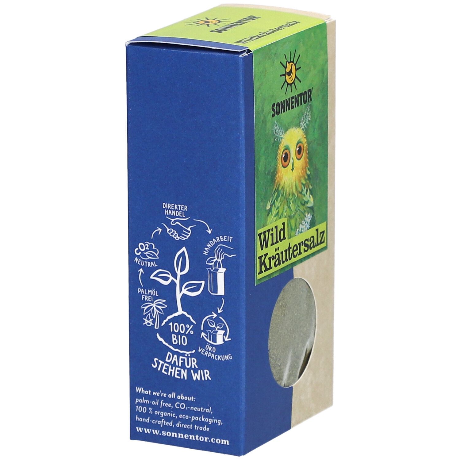 Blaue Seite der Verpackung mit Logos und Texten. Sichtfenster zeigt Kräutermischung. Logo: SONNENTOR. Text: Wild Kräutersalz.