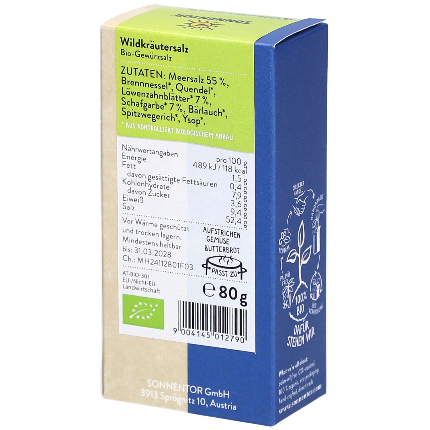Rückseite der Verpackung mit Zutaten, Nährwerten und Bio-Siegel. Text: Wildkräutersalz Bio-Gewürz. Gewicht: 80g.