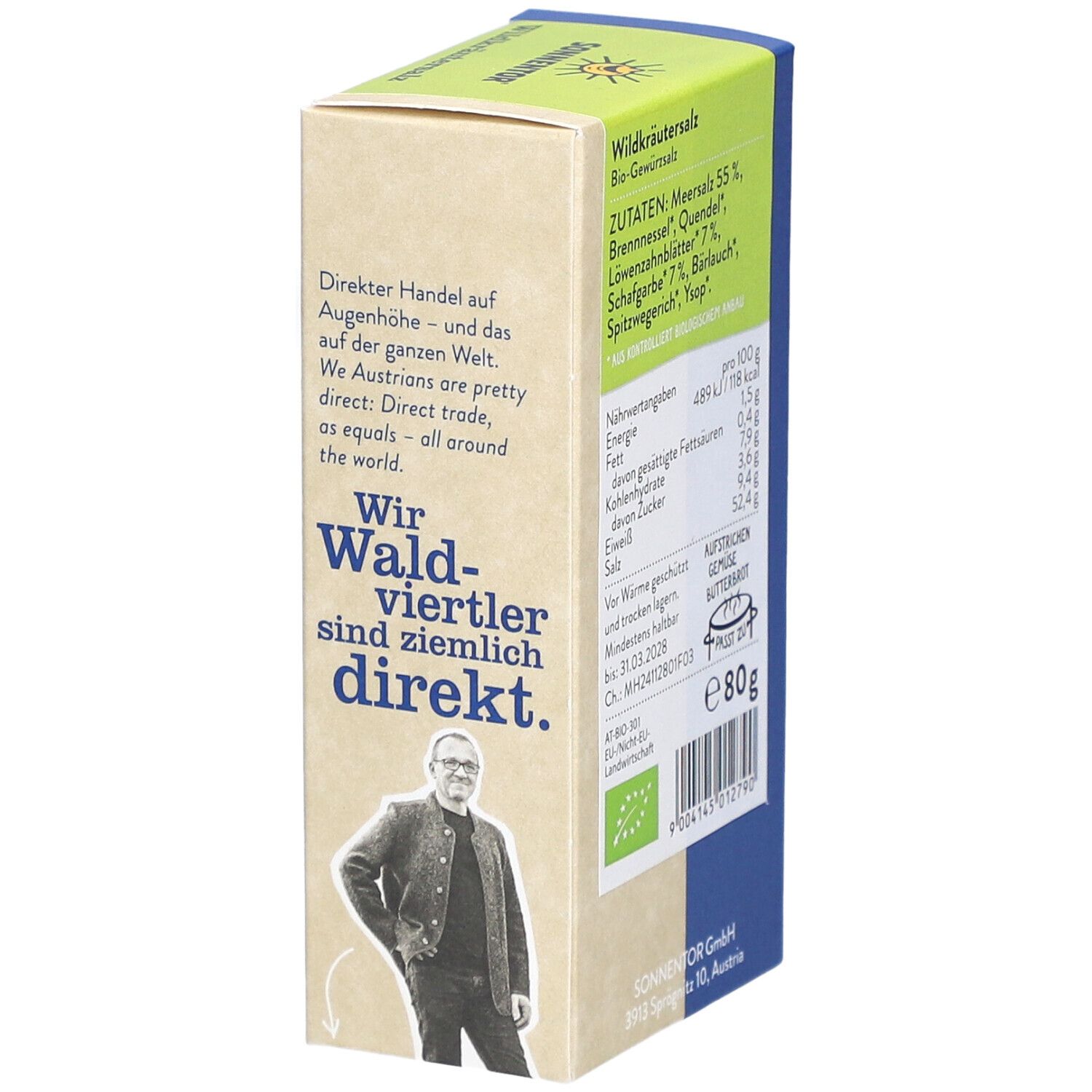 Rückseite der Verpackung mit Text und Bio-Siegel. Text: Wildkräutersalz Bio-Gewürz. Gewicht: 80g. Logo: SONNENTOR.