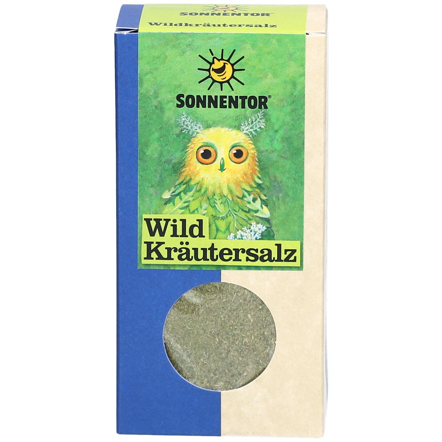 Karton mit Wildkräutersalz. Sichtfenster zeigt Kräutermischung. Logo: SONNENTOR. Text: Wild Kräutersalz.