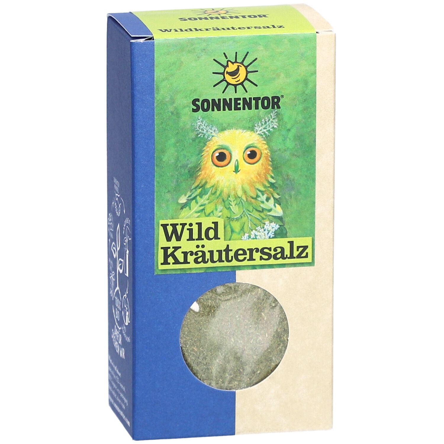 Karton mit Wildkräutersalz. Sichtfenster zeigt Kräutermischung. Logo: SONNENTOR. Text: Wild Kräutersalz.