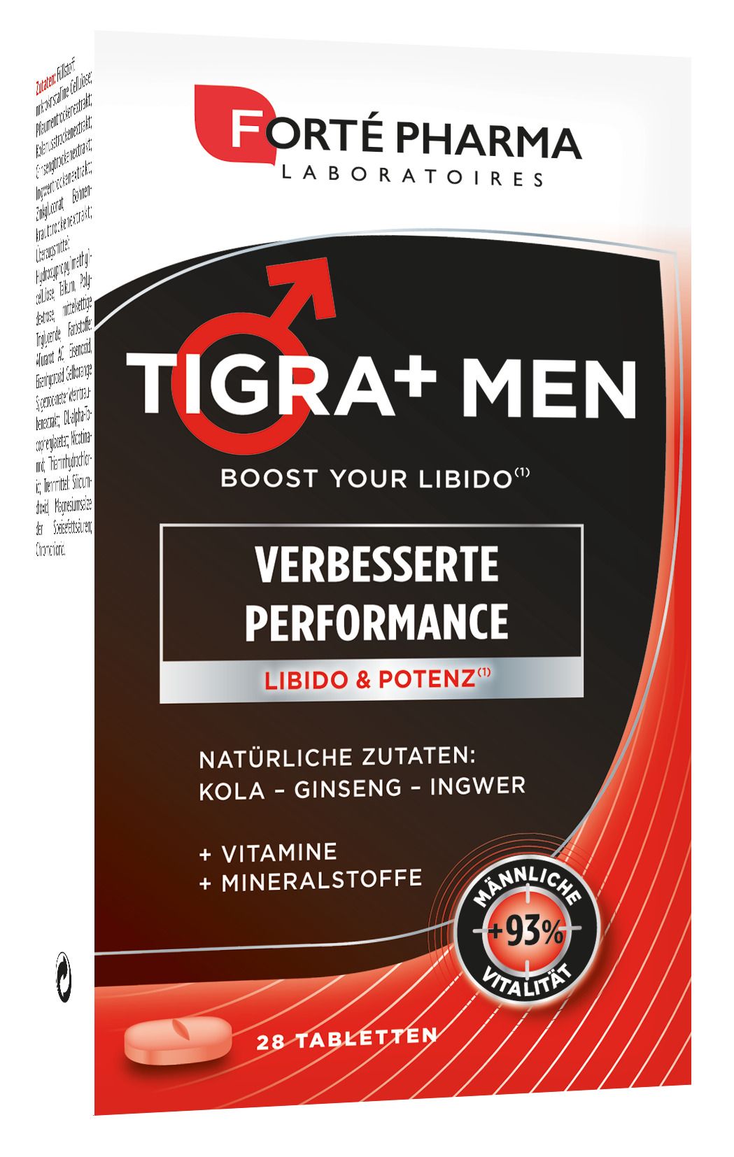 Schachtel mit Tigra+ Men Tabletten. Schwarzer Hintergrund mit roter Schrift. Enthält 28 Tabletten. Marke: Forté Pharma.