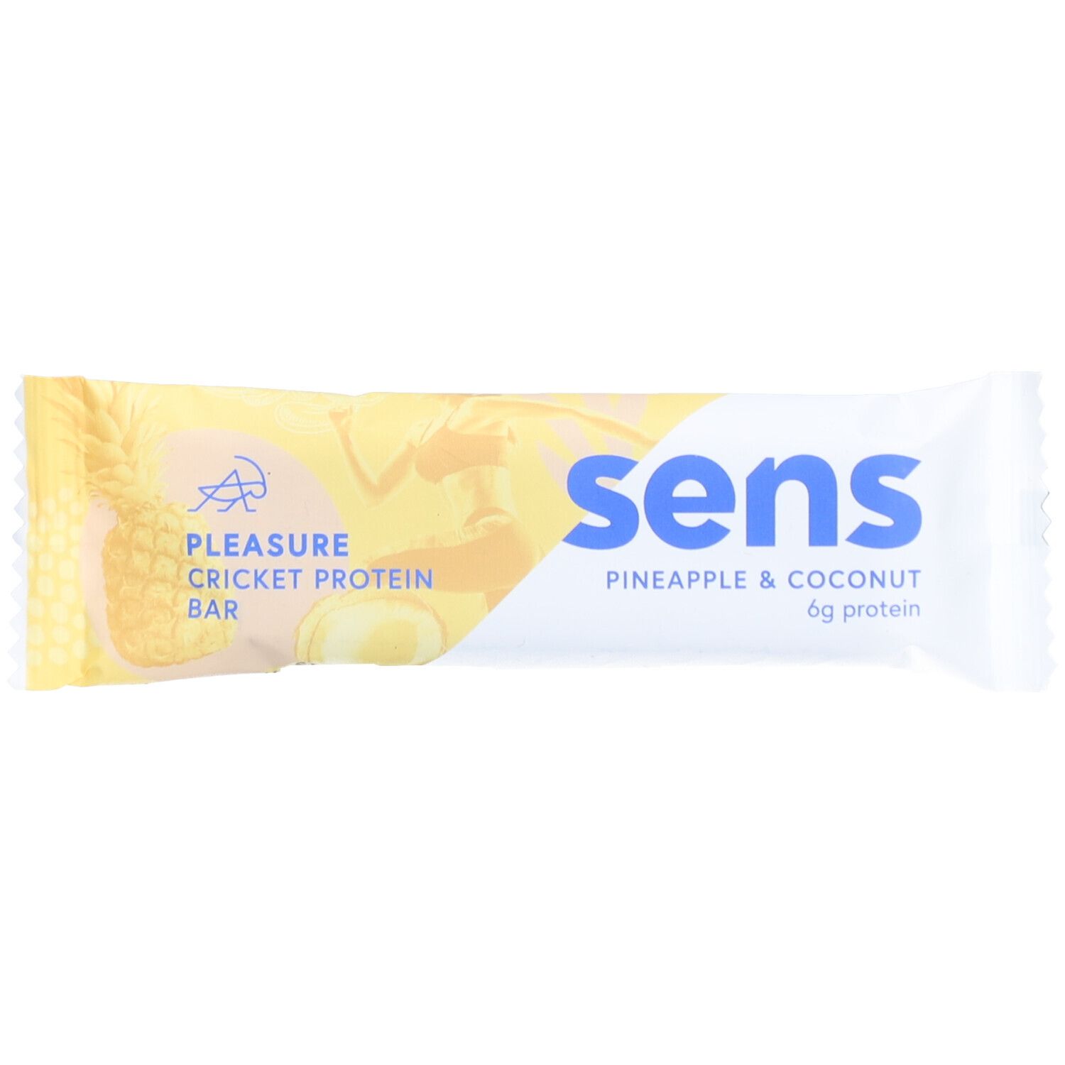Proteinriegel Ananas & Kokosnuss, verpackt. "sens"-Logo und "Pineapple & Coconut" Text sichtbar.
