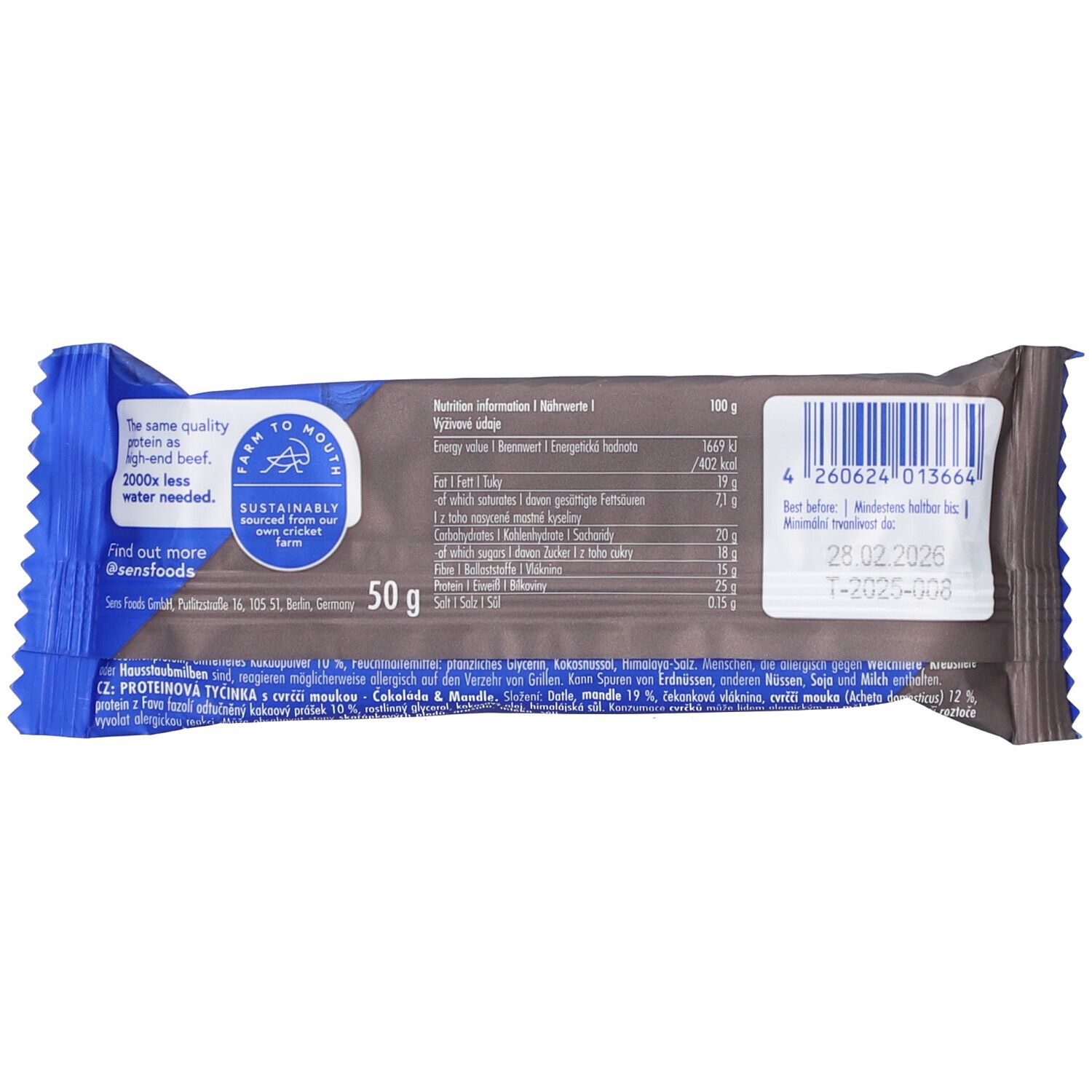 Rückseite des Sens Serious Proteinriegels. Enthält Nährwertangaben, '50 g' und ein Mindesthaltbarkeitsdatum.