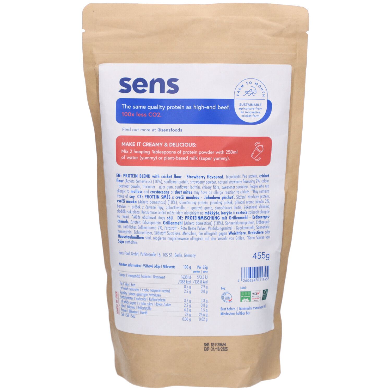 Rückseite des Sens Proteinshake-Beutels. Text, Nährwertangaben und Zutatenliste. "455g" und ein Haltbarkeitsdatum sind sichtbar.