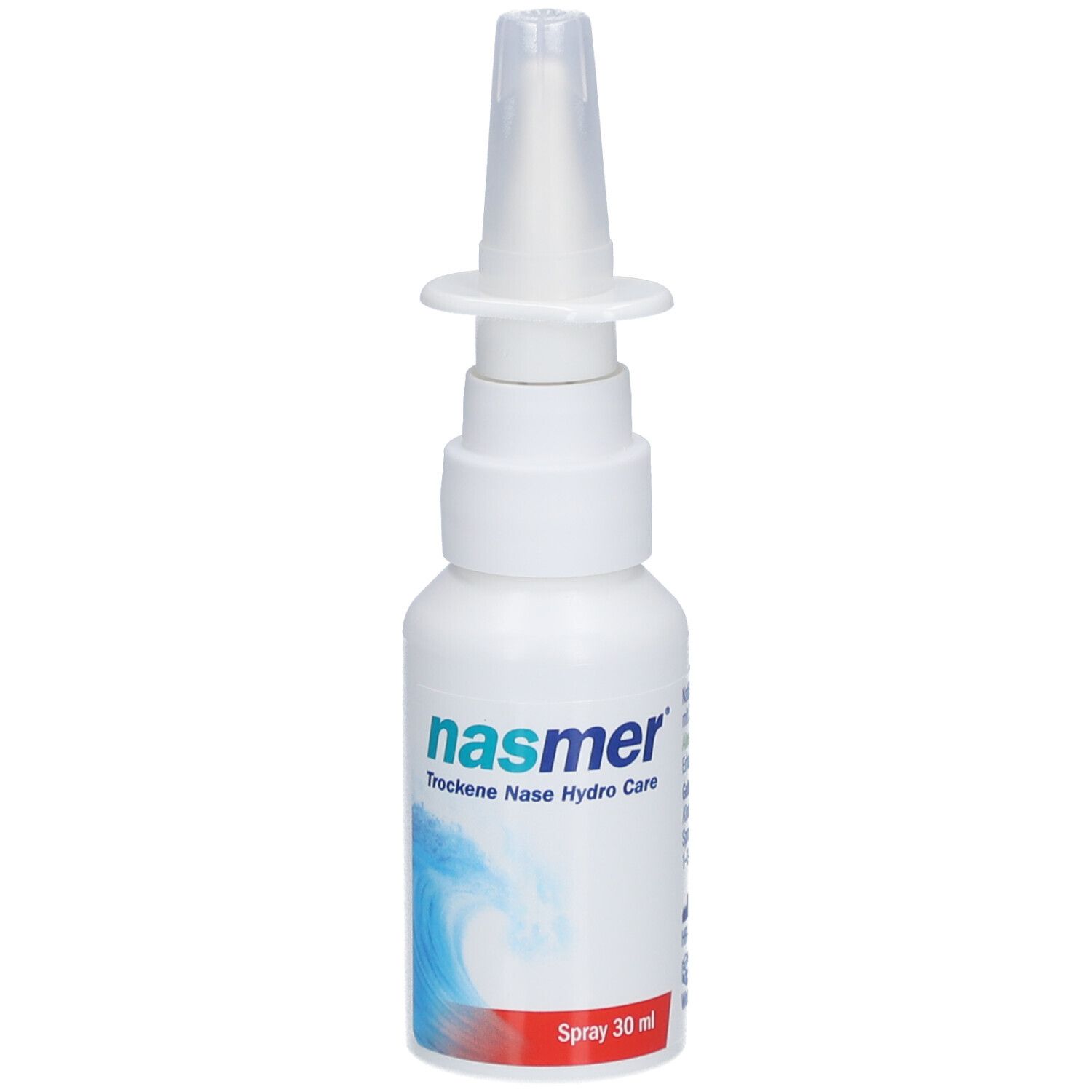 Weiße Nasenspray-Flasche mit Sprühkopf. Blaue Wellen-Grafik. Aufschrift: nasmer Trockene Nase Hydro Care. Rote Schrift: Spray 30 ml.