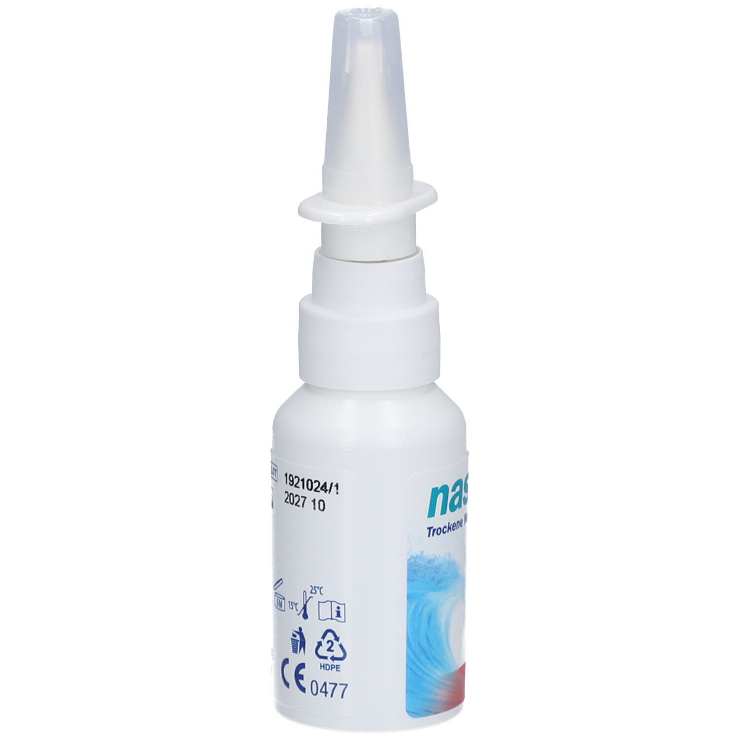 Weiße Nasenspray-Flasche mit Sprühkopf. Aufschrift: nasmer Trockene Nase Hydro Care. Rückseite mit Text und Symbolen. CE-Kennzeichnung.
