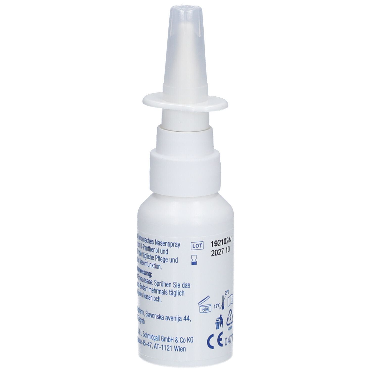 Weiße Nasenspray-Flasche mit Sprühkopf. Aufschrift: nasmer Trockene Nase Hydro Care. Rückseite mit Text, LOT- und CE-Kennzeichnung.