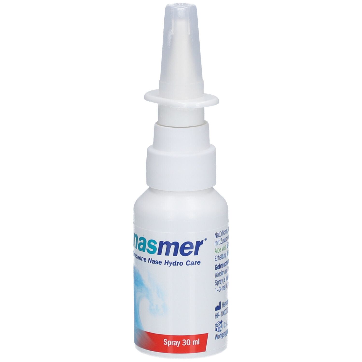 Weiße Nasenspray-Flasche mit Sprühkopf. Aufschrift: nasmer Trockene Nase Hydro Care. Rote Schrift: Spray 30 ml.