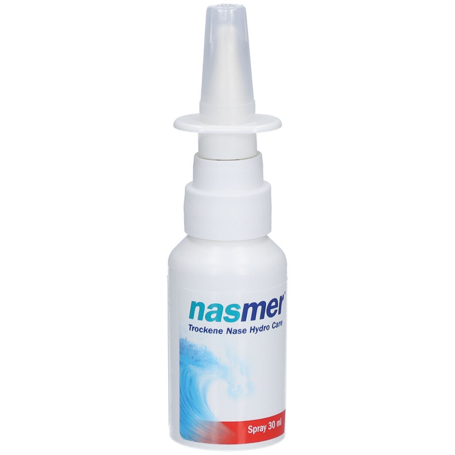 Weiße Nasenspray-Flasche mit Sprühkopf. Aufschrift: nasmer Trockene Nase Hydro Care. Blaue Wellen-Grafik. Rote Schrift: Spray 30 ml.