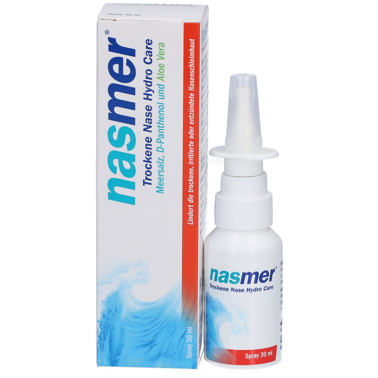 Nasenspray-Flasche und Verpackung. Aufschrift: nasmer Trockene Nase Hydro Care. Blaue Wellen-Grafik. Rote Schrift: Spray 30 ml.