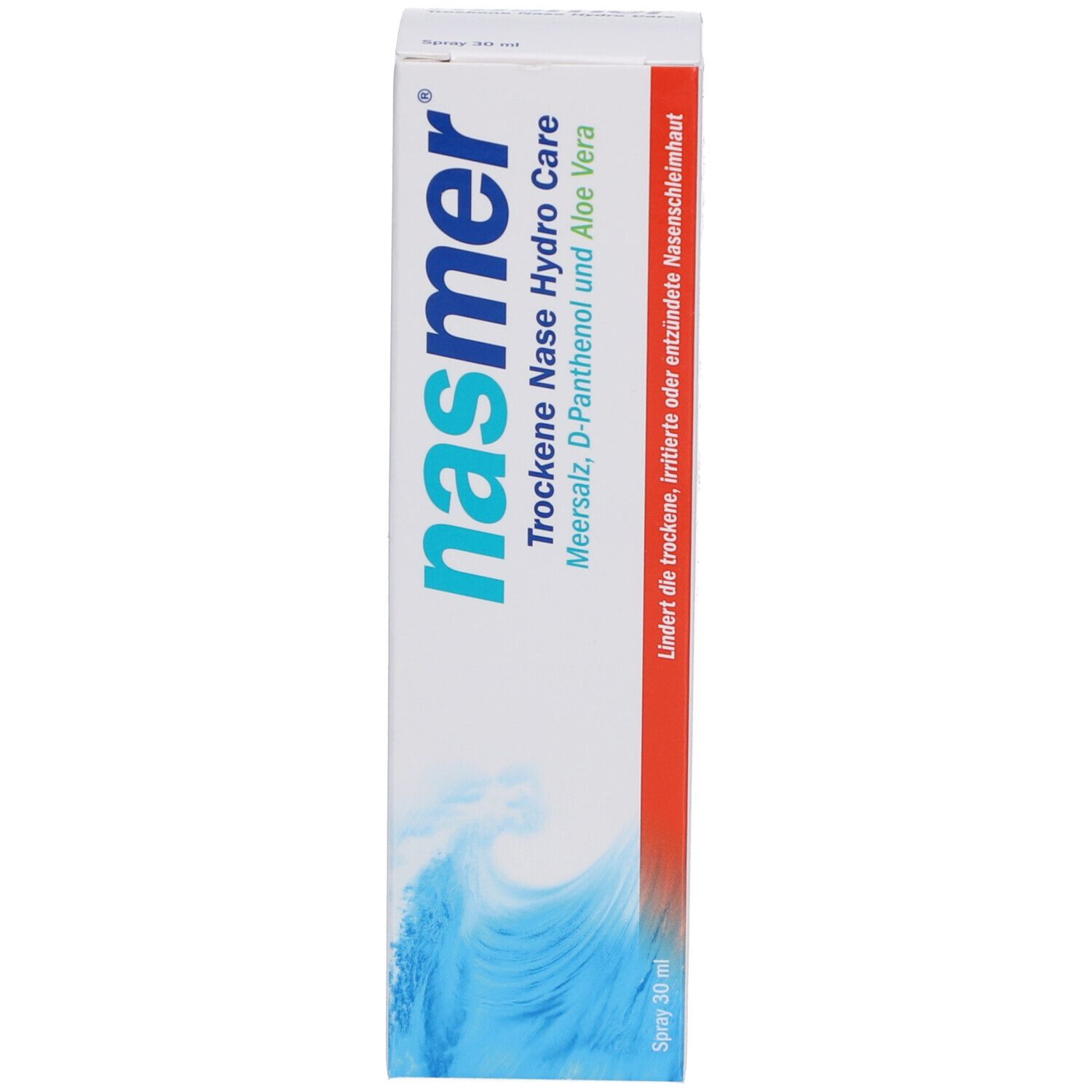 Verpackung für Nasenspray. Aufschrift: nasmer Trockene Nase Hydro Care. Blaue Wellen-Grafik. Rote Schrift: Spray 30 ml.