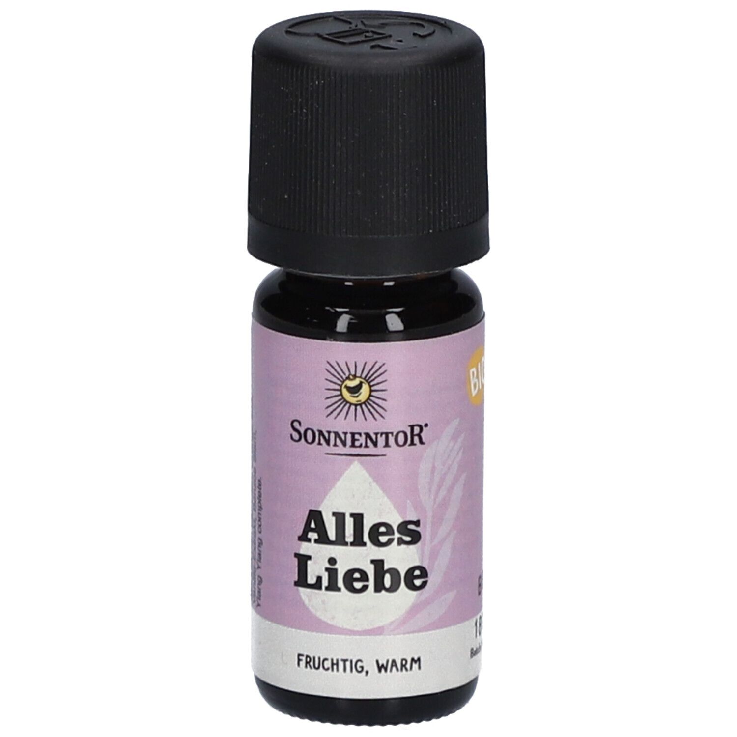 Braune Glasflasche mit schwarzem Deckel. Aufschrift: Sonnentor, Alles Liebe, fruchtig, warm.